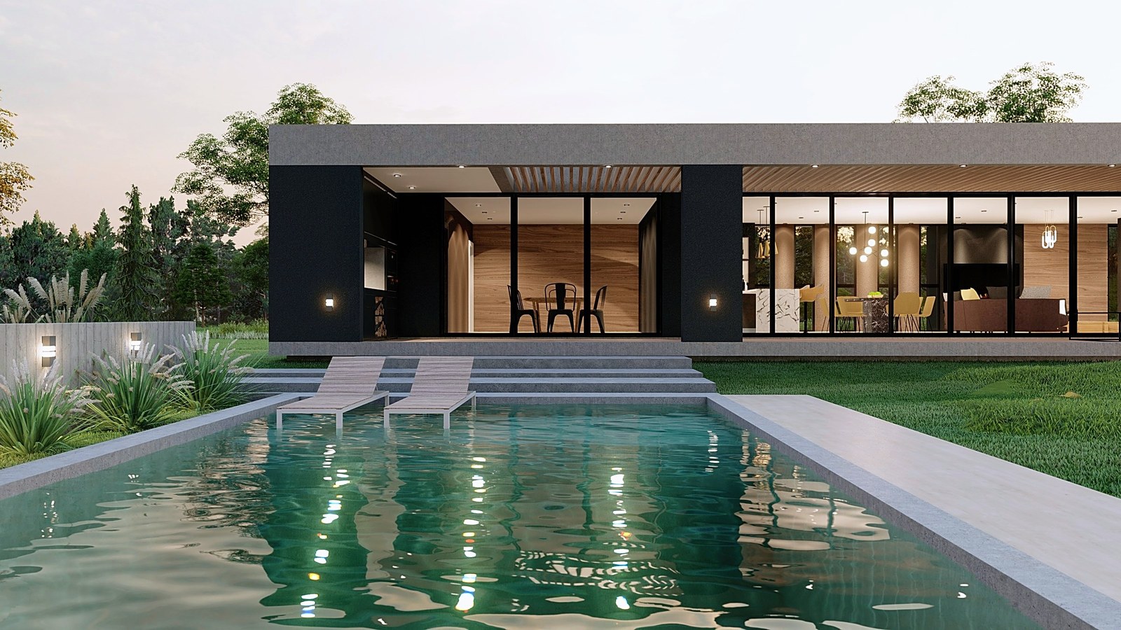 El Vergel II, vivienda de PROA en Neuquen al atardecer, con el interior encendido y la pileta en primer plano