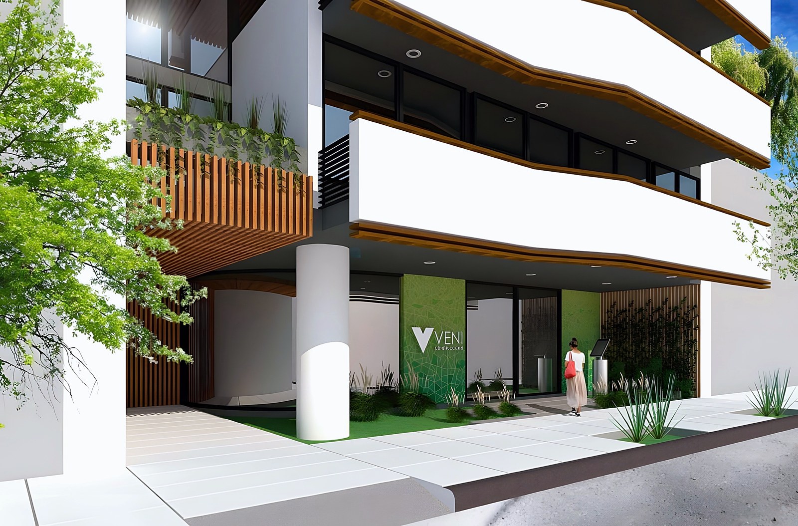 Torre Leloir, fachada completa con acceso y local VENI en planta baja, render del proyecto